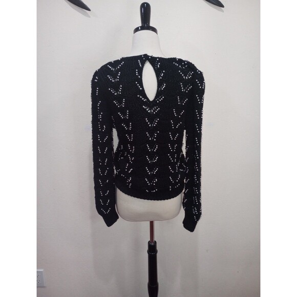 Vintage 1980s Nannell Hand Knit Black Sweater With Pearl Beading - L - Picture 3 of 8